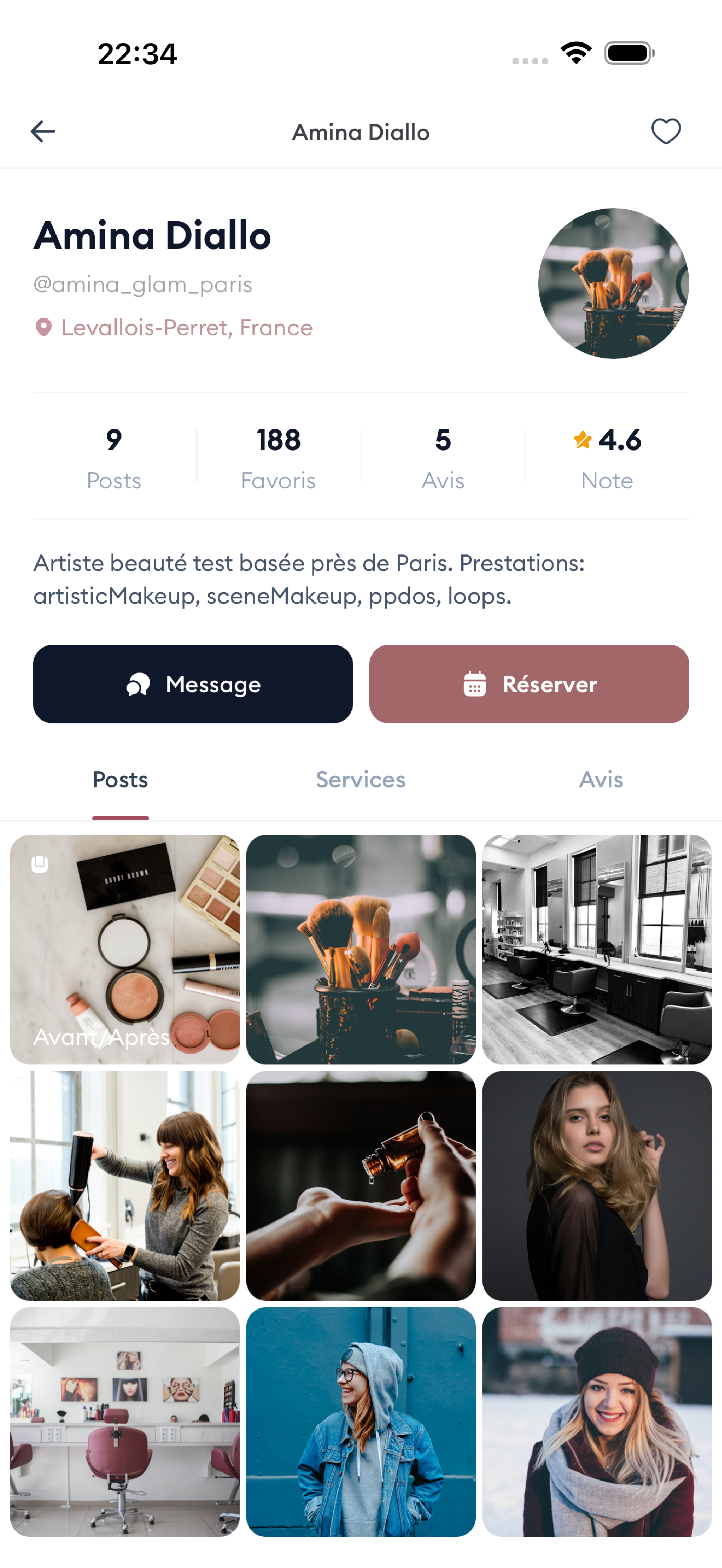 Screenshot app : fiche prestataire ou réservation