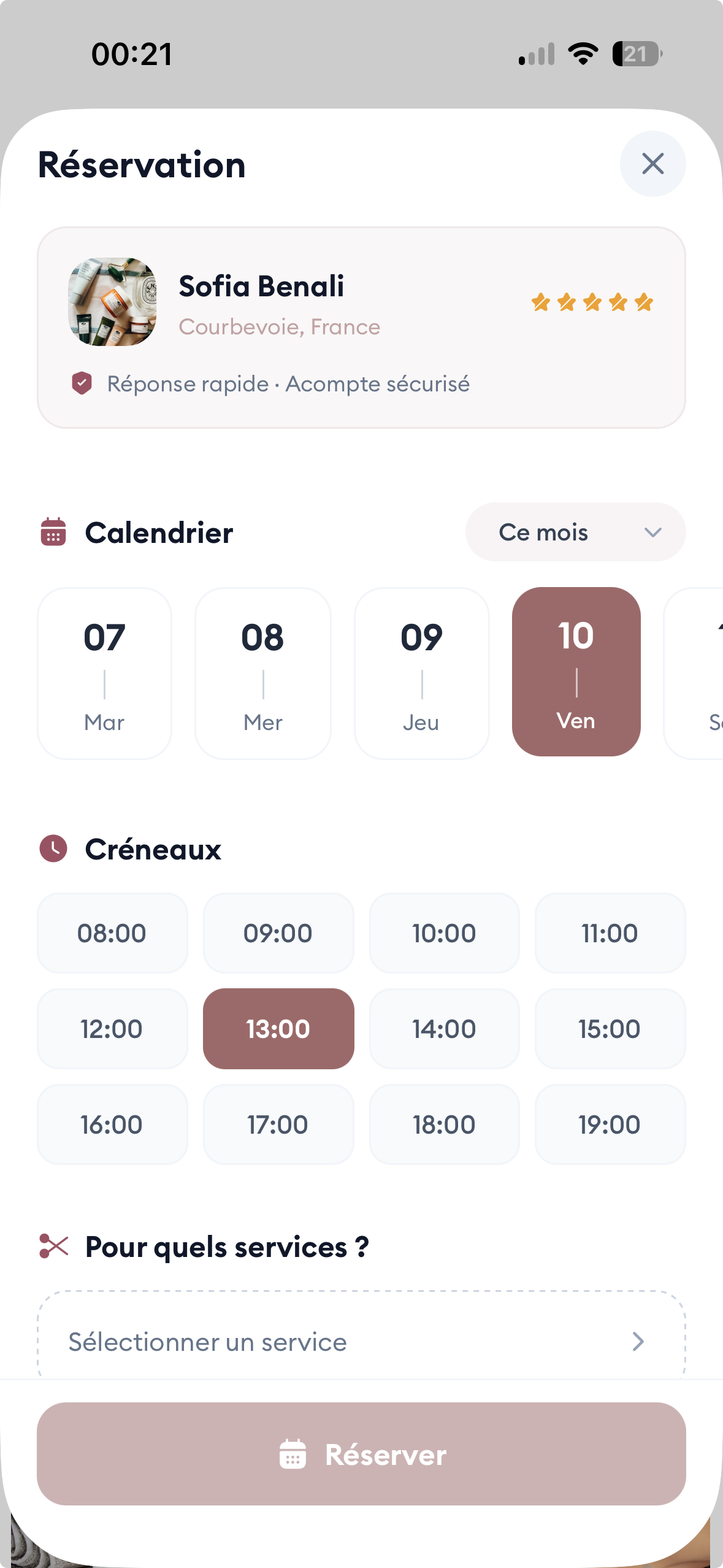 Screenshot : choix du créneau + acompte