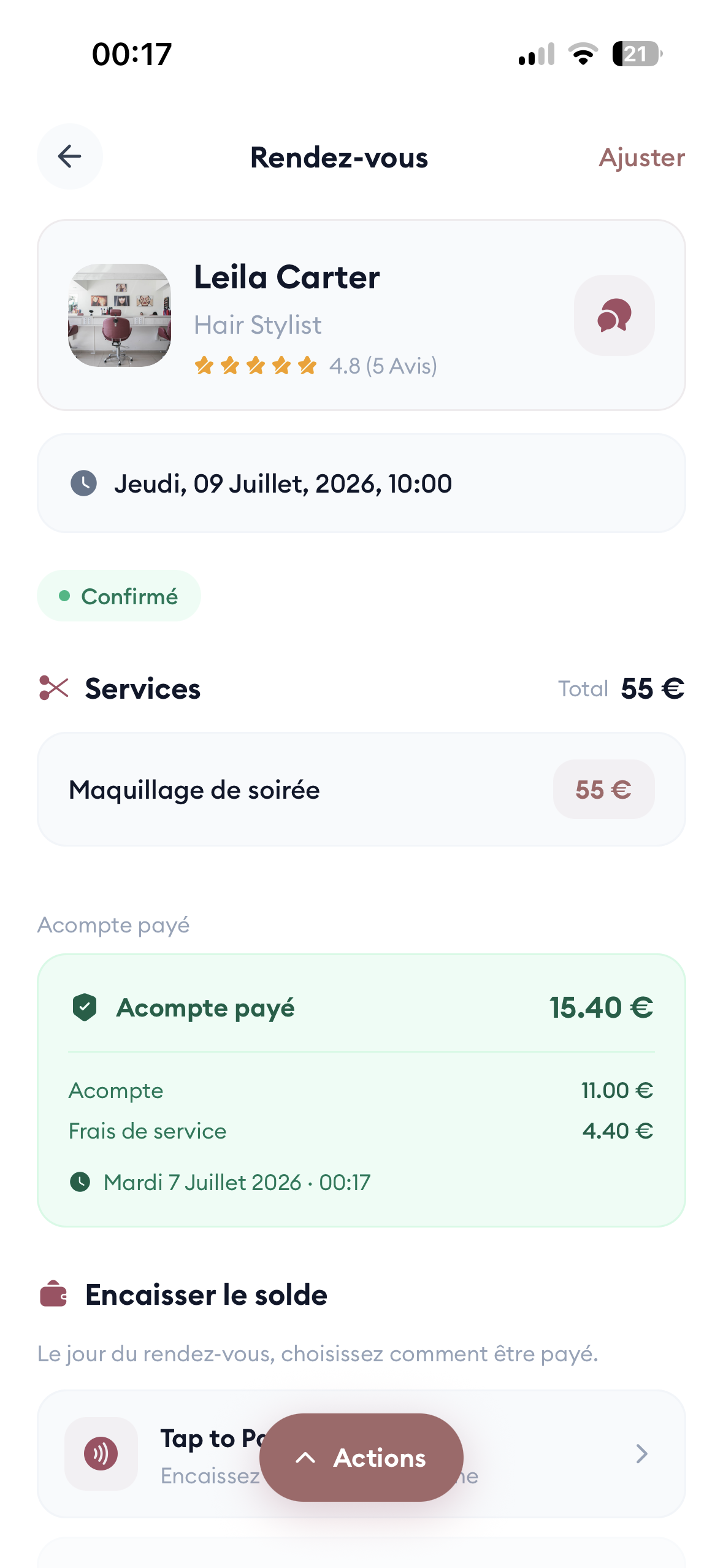 Screenshot : paiement / avis après prestation