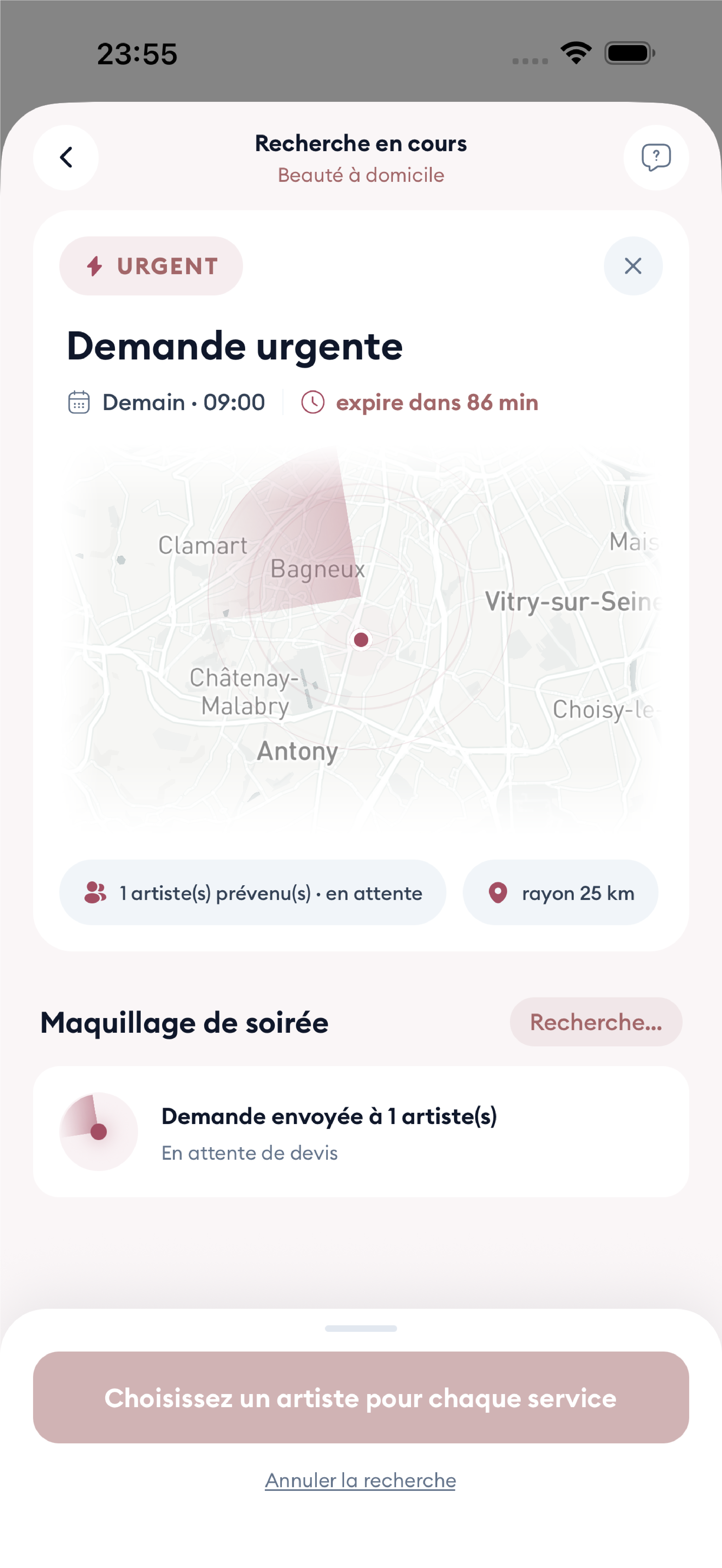 Screenshot : écran « Demande urgente »
